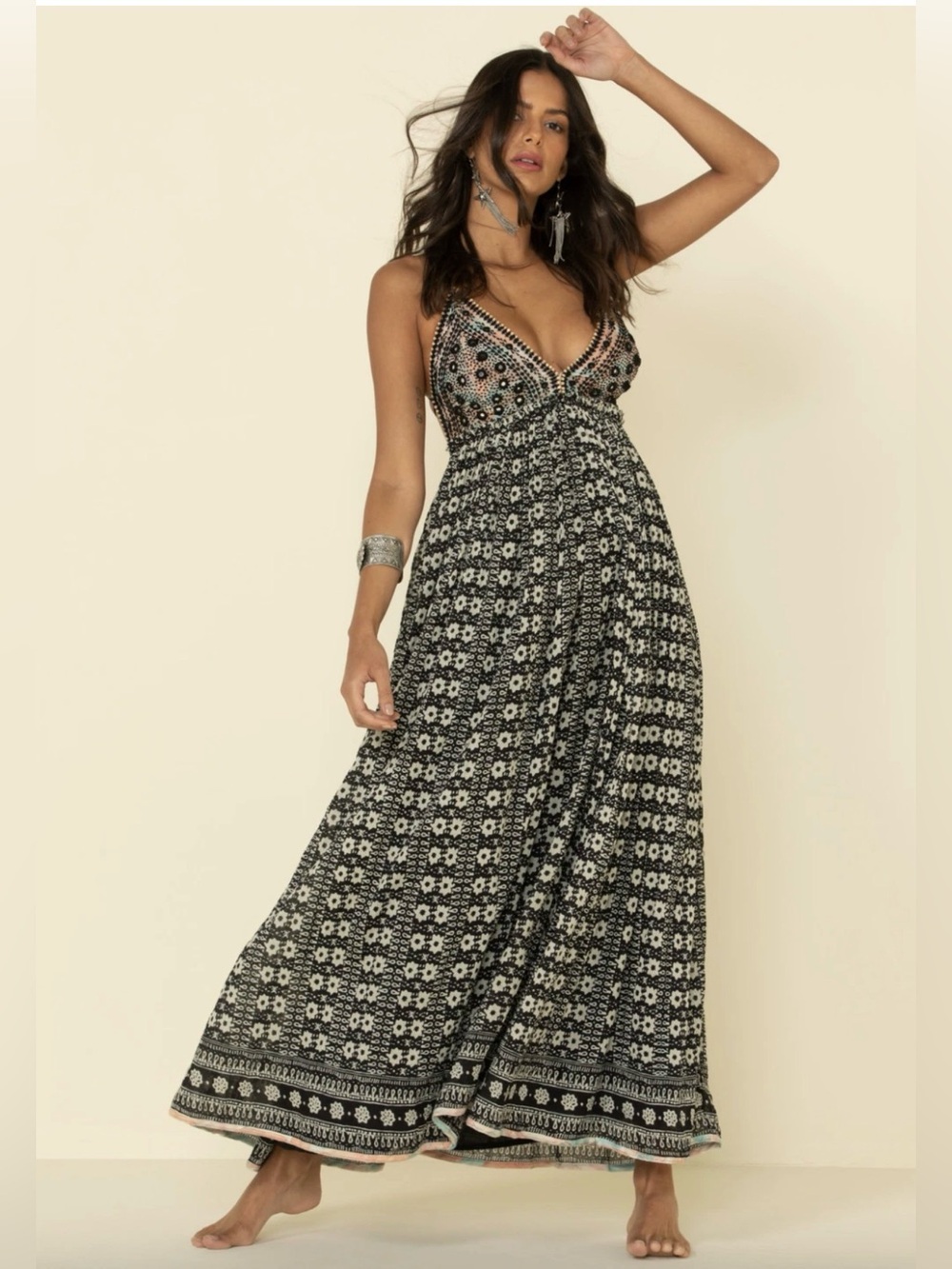 Free People Printed Spaghetti-Strap V-Neck Maxi Dress in Cream and Black